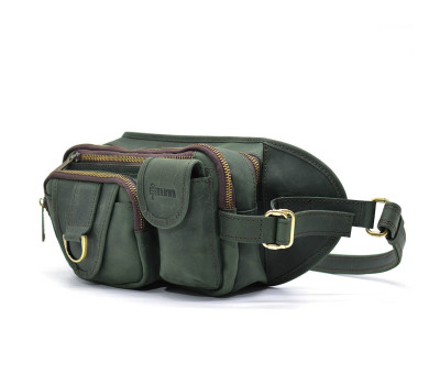 Кожаная поясная сумка на три отделения TARWA RE-1560-4lx зеленая с фастексом
