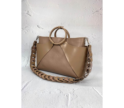 Сумка жіноча "РОНДА" натуральна шкіра, латте матова з плетеним ременем