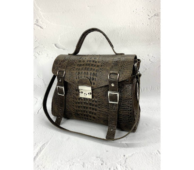 Сумка-саквояж жіноча "Вінтаж" натуральна шкіра, коричнева під крокодила