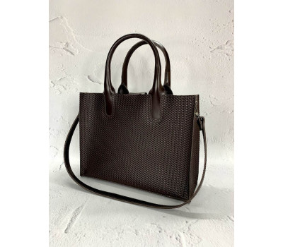 Сумка жіноча "СОЛО" натуральна шкіра, шоколадна з тисненням під плетінку