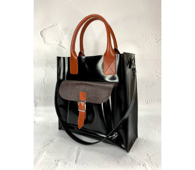 Сумка жіноча "ГАРДА" натуральна шкіра, чорний глянець комбінована