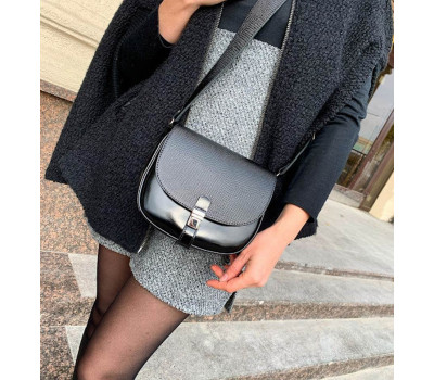 Сумка жіноча "Ріміні" на замку, натуральна шкіра, чорна глянсова під рептилію