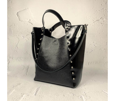 Сумка жіноча "ХОЛЛІ" натуральна шкіра, чорна під рептилію глянець