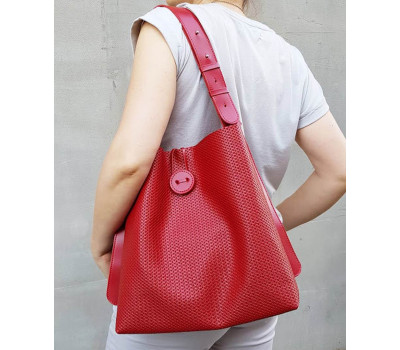 Сумка-шопер "Барбара" натуральна шкіра, червона матова з тисненням під плетінку