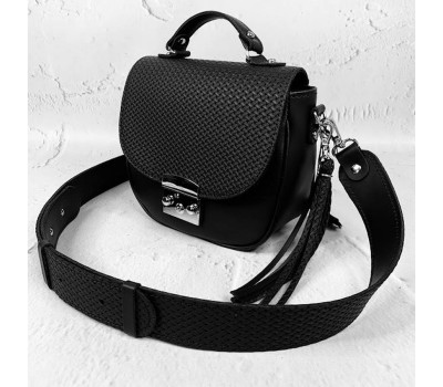 Сумка жіноча "Ріміні" натуральна шкіра, чорна матова з тисненням плетінка