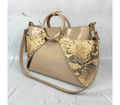 Сумка жіноча "РОНДА" натуральна шкіра, колір лате глянець з імітацією під пітона