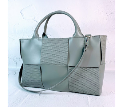 Сумка жіноча "Вега" натуральна шкіра, сіра з тисненням під плетінку