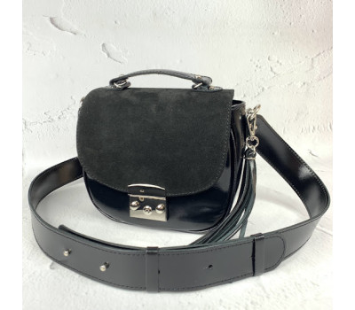 Сумка женская "Римини" натуральная кожа, черная глянцевая с замшевым клапаном