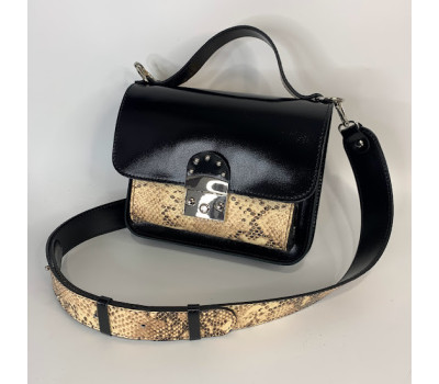 Сумка женская "Бианка" натуральная кожа, черная глянец с имитацией под питона
