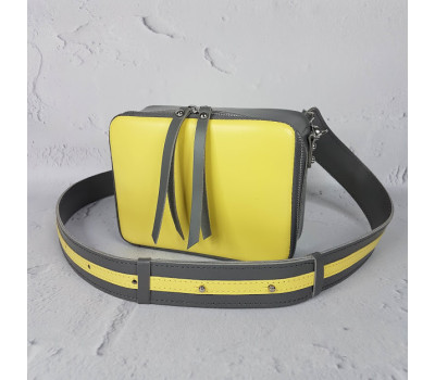 Сумка жіноча "КВАДРО" натуральна шкіра, жовта/сіра з широким ременем