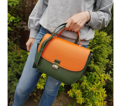 Сумка женская "Луна" натуральная кожа, зезеная / оранжевая флотар