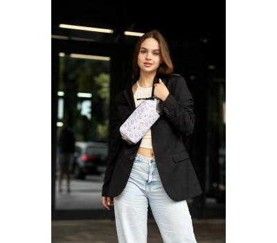 Женская сумка на пояс бананка Sambag Holster MSH серая тканевая с цветочным белым принтом