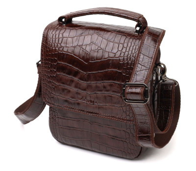 Чоловіча вертикальна сумка з натуральної шкіри з тисненням під крокодила KARYA 21946 Коричневий