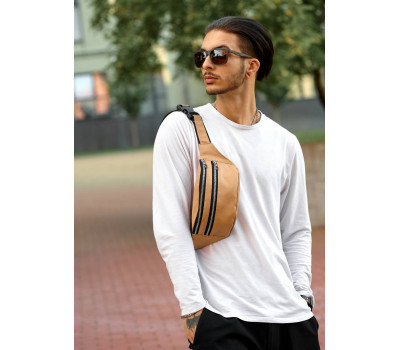 Сумка на пояс бананка шкіряна Sambag Tirso  BTS бежева шкіра