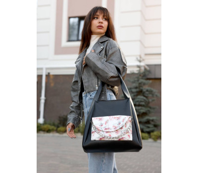 Женская сумка Sambag HOBO Bliss черная принт "Flowers"