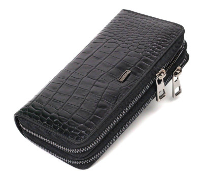 Стильный мужской клатч с двумя отделениями из натуральной кожи с тиснением под крокодила BOND 22026 Черный