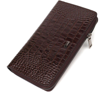 Великий чоловічий клатч з одним відділенням з натуральної шкіри з тисненням під крокодила BOND 22028 Коричневий