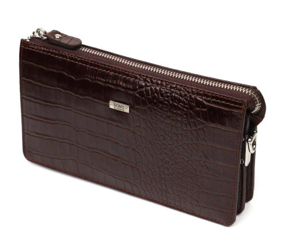 Вместительный мужской клатч на два отделения из натуральной кожи с тиснением под крокодила BOND 22046 Коричневый