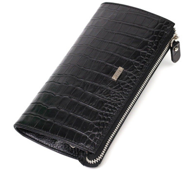 Місткий чоловічий клатч із натуральної шкіри з тисненням під крокодила BOND 22049 Чорний
