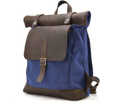 Рол-ап рюкзак зі шкіри та синій канвас TARWA RKc-5191-3md