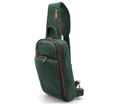 Кожаный рюкзак слинг на одно плечо TARWA RE-0910-4lx зеленый цвет