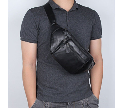 Бананка шкіряна, сумка напоясна чорна велика 7218LA від John McDee