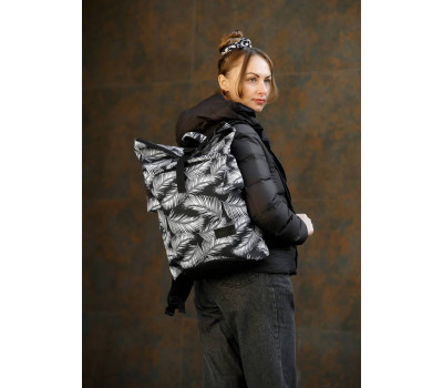 Женский рюкзак ролл Sambag  RollTop KZN черный принт  "Palm"