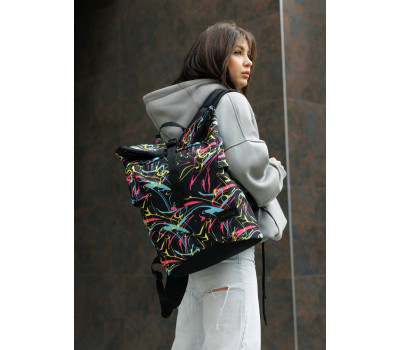 Жіночий рюкзак ролл Sambag  RollTop KZN чорний принт "ABSTRACT"