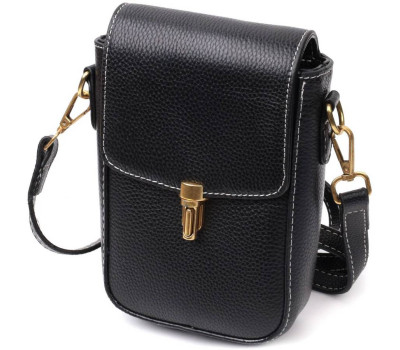 Вертикальна шкіряна сумка жіноча з клапаном Vintage 22308 Чорна