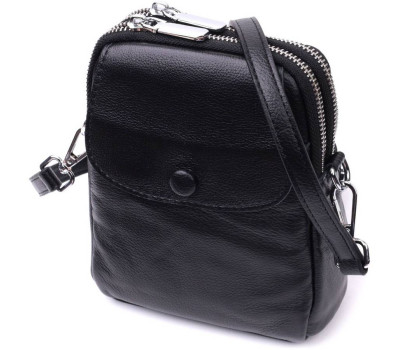 Вертикальна невелика сумка для жінок на два відділення з натуральної шкіри Vintage 22399 Чорна