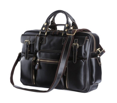 Брутальная кожаная сумка, множество карманов, черный глянец 7028A