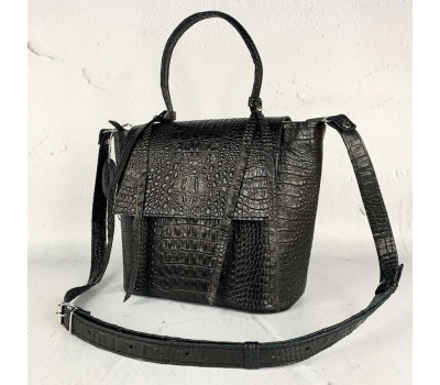 Сумка жіноча "Керрі" натуральна шкіра, чорна  з тисненням під крокодила