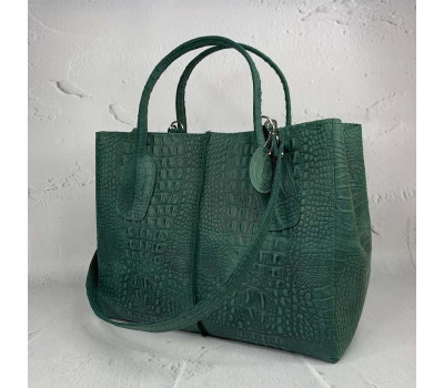 Сумка женская "ФОРТА" натуральная кожа, зеленая с тиснением под крокодила