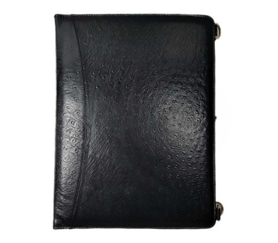 Папка с кольцами для документов, тиснение страус, цвет черный, натуральная кожа