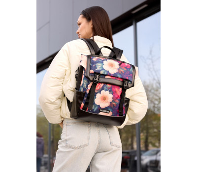 Жіночий рюкзак Sambag Aura чорний з принтом "MAGENTA FLOWERS"