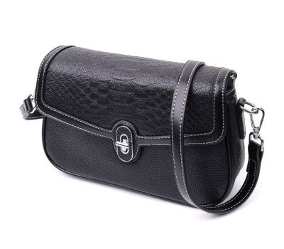 Елегантна сумка жіноча з фактурним клапаном з натуральної шкіри Vintage 22624 Чорна