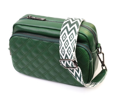 Невелика жіноча сумка прошита ромбами на лицьовій стороні з натуральної шкіри Vintage 22635 Зелена