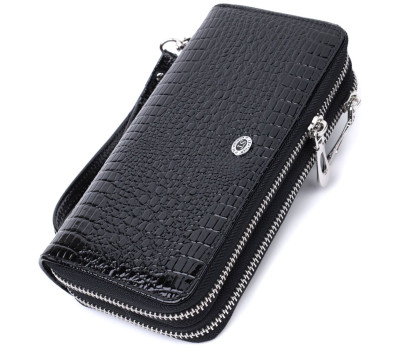 Стильний фактурний клатч на два відділення із лакованої натуральної шкіри ST Leather 22693 Чорний