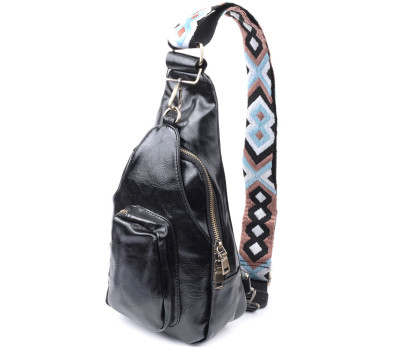 Практична жіноча сумка з екошкіри з акцентом на текстильну лямку Vintage 22776 Чорний