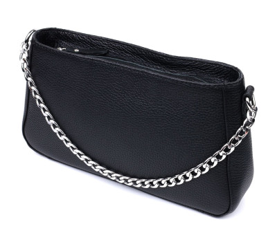 Жіноча сумка багет з ланцюжком і ремінцем, що знімається з зернистої натуральної шкіри Shvigel 22837 Чорна