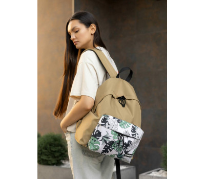 Жіночий рюкзак Sambag Active пісочний тканевий з принтом "monstera"