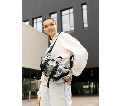 Велика жіноча поясна сумка бананка Sambag DynamicDart тканева принт "Leaves"