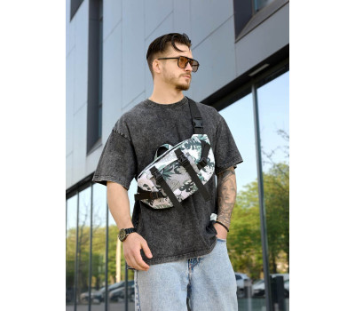 Велика чоловіча поясна сумка бананка Sambag DynamicDart тканева принт "Leaves"