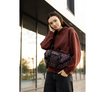 Велика жіноча поясна сумка бананка Sambag DynamicDart чорна тканева принт