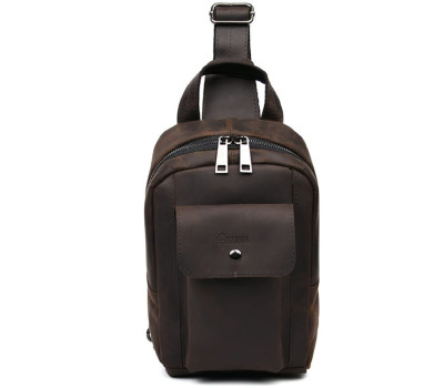 Рюкзак слінг шкіряний з передньою кишенею для телефону TARWA RC-6040-3md коричневий