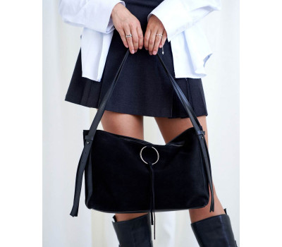 Сумка «Берта» зі вставкою з натуральної замші чорна WeLassie