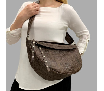 Сумка жіноча бананка "Джой" натуральна шкіра, коричнева,тисненяя під крокодила