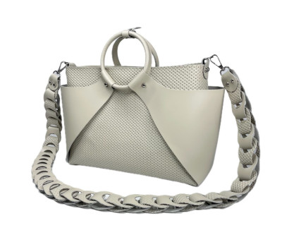 Сумка жіноча "РОНДА" натуральна шкіра, біла матова з плетінкою та з плетеним ременем