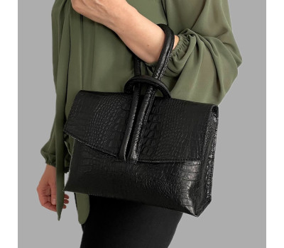 Сумка жіноча "Нота" натуральна шкіра, чорна,тиснення під крокодила