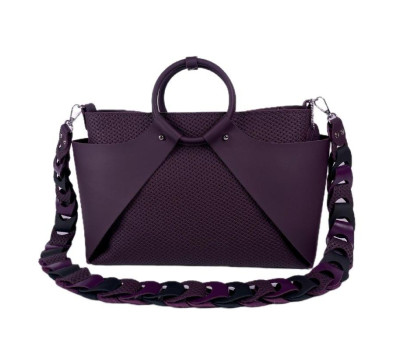 Сумка жіноча "РОНДА" натуральна шкіра, баклажан матова з плетінкою та з плетеним ременем